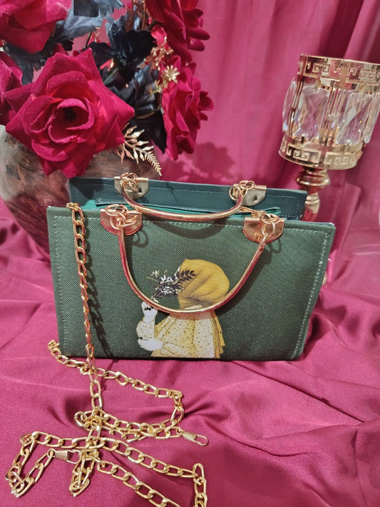 Square Woman Art Handbag with Golden Metal Accents