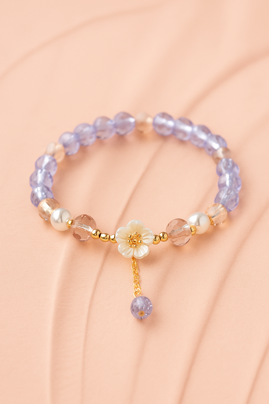 Korean White Flower Purple Beaded Bracelet – Elegant & Adjustable Charm