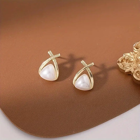 Metallic Cross Imitation Pearl Light Luxury Earings