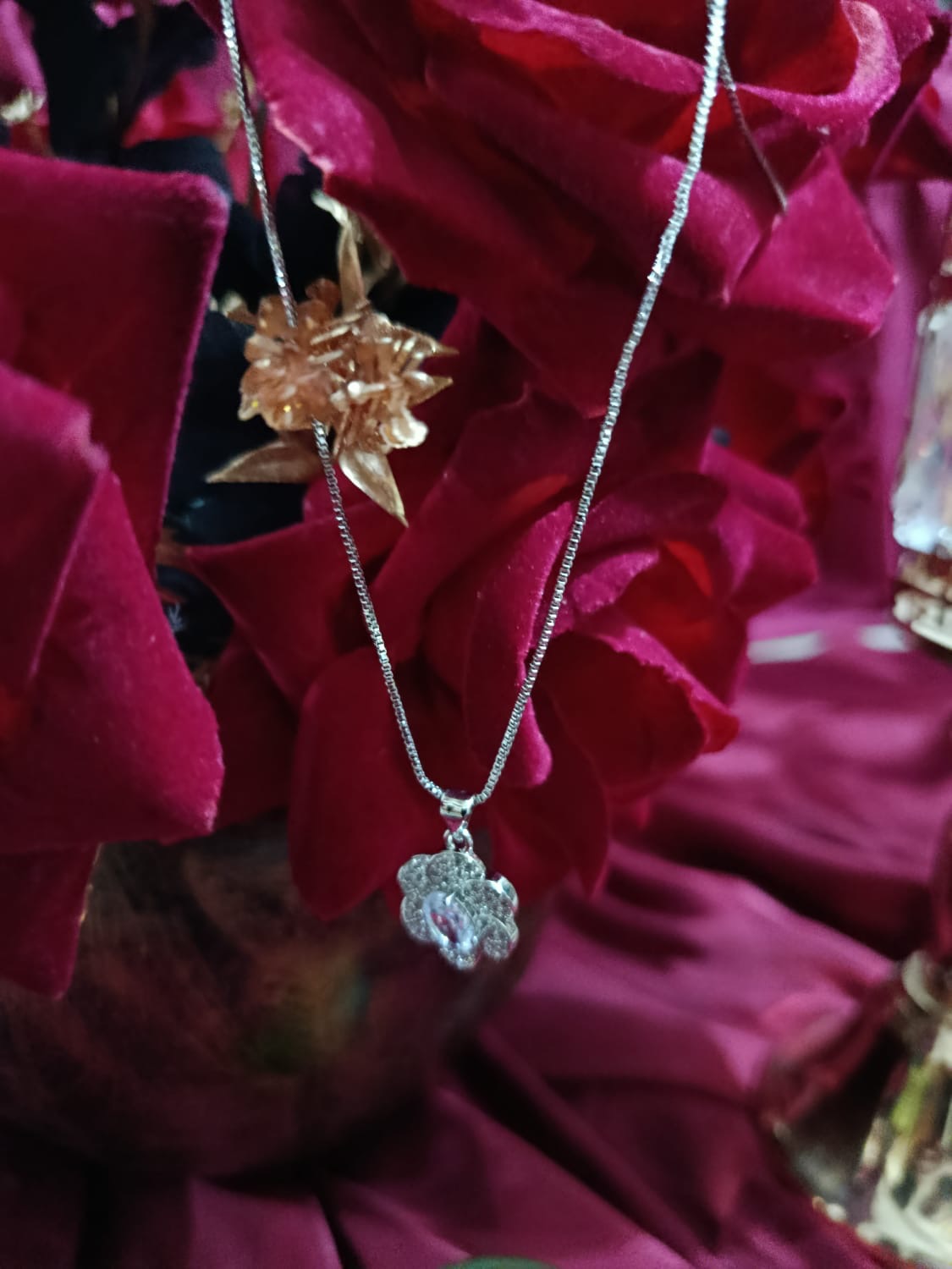 Sterling Silvery Flower Pendant with Shiny Synthetic Zirconia