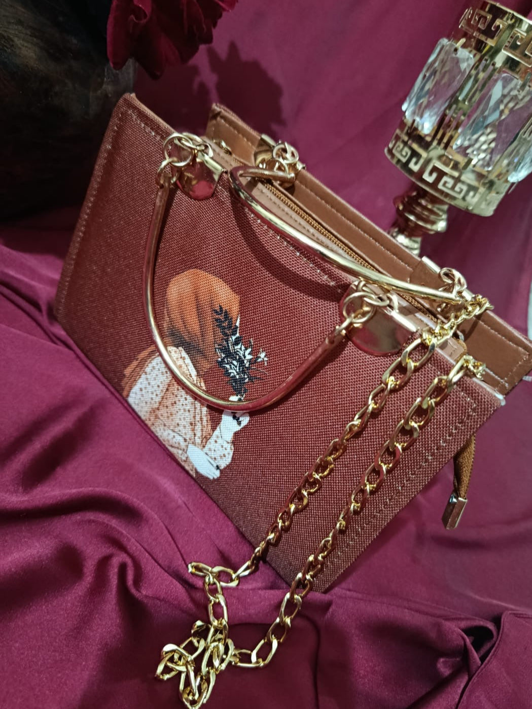 Square Woman Art Handbag with Golden Metal Accents