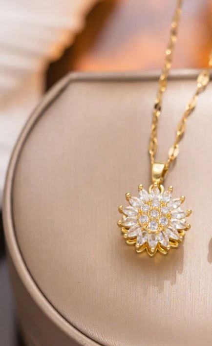 Stainless Steel Sunflower Pendant Necklace with Synthetic Zirconia