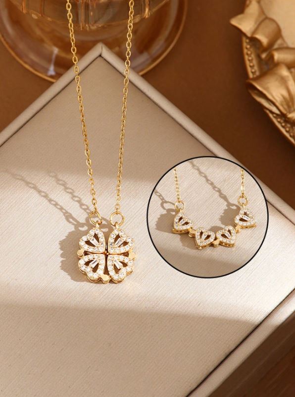 Trendy Golden-Plated Stainless Steel Clover Necklace – Sparkling Cubic Design