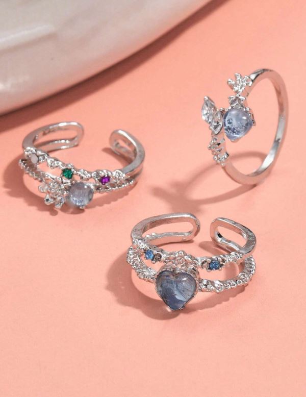 3pcs Y2K Floral Heart Rhinestone Rings Set