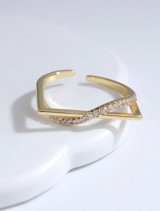 Unique Modern Copper 18K Gold Plated Geometric Square Ring with Zirconia Stones – Open Band Design