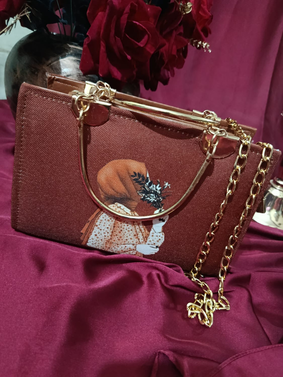 Square Woman Art Handbag with Golden Metal Accents