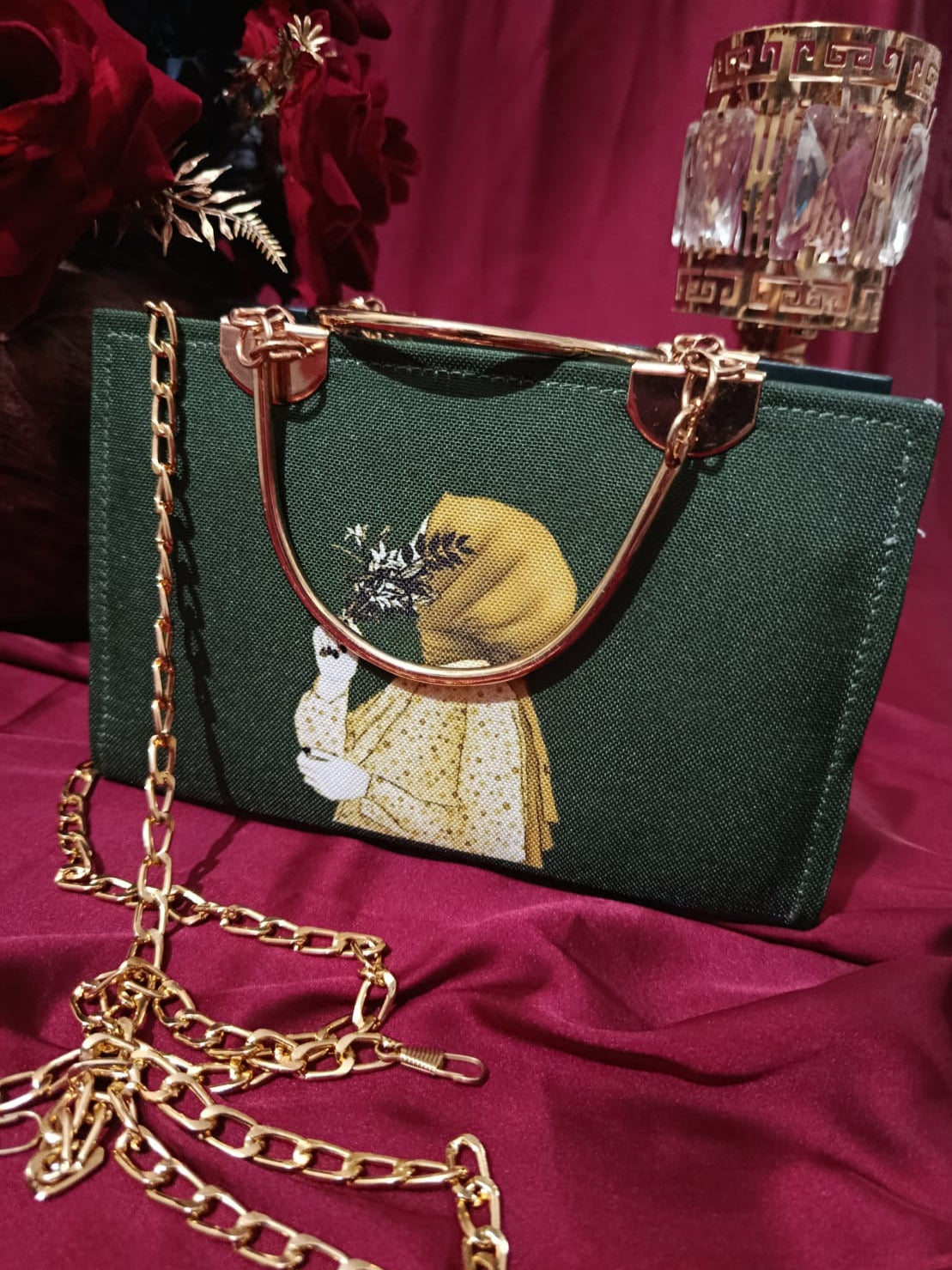 Square Woman Art Handbag with Golden Metal Accents