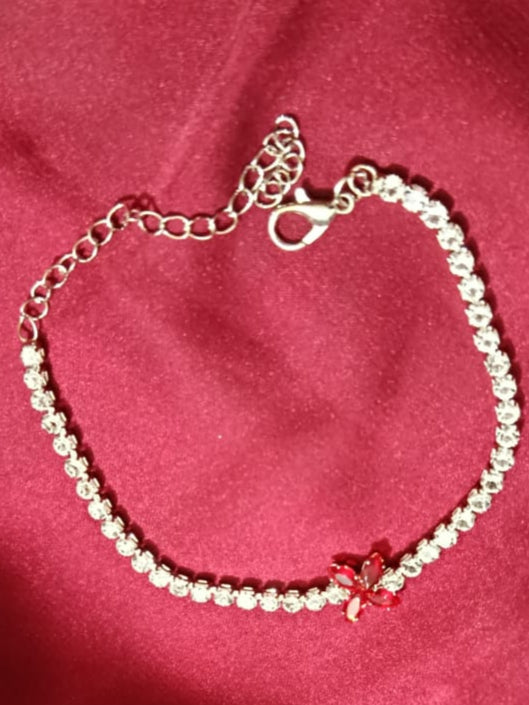Silvery Bracelet with 4 leaf Red Charm & Full Zircon Detailing