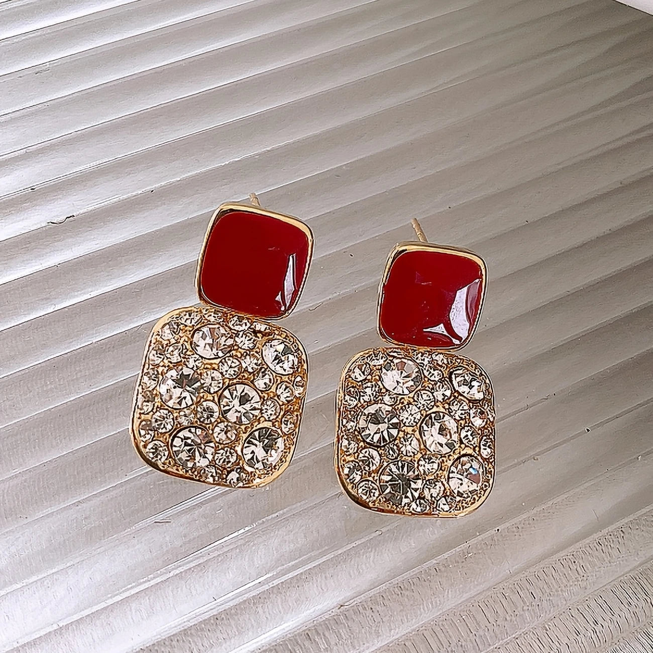 Square Shape Shiny Rhinestone Decor Dangle Earrings