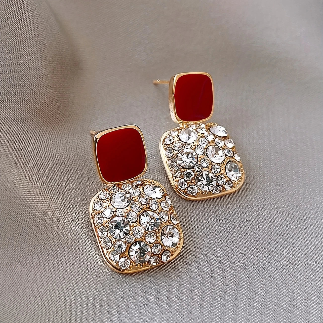 Square Shape Shiny Rhinestone Decor Dangle Earrings