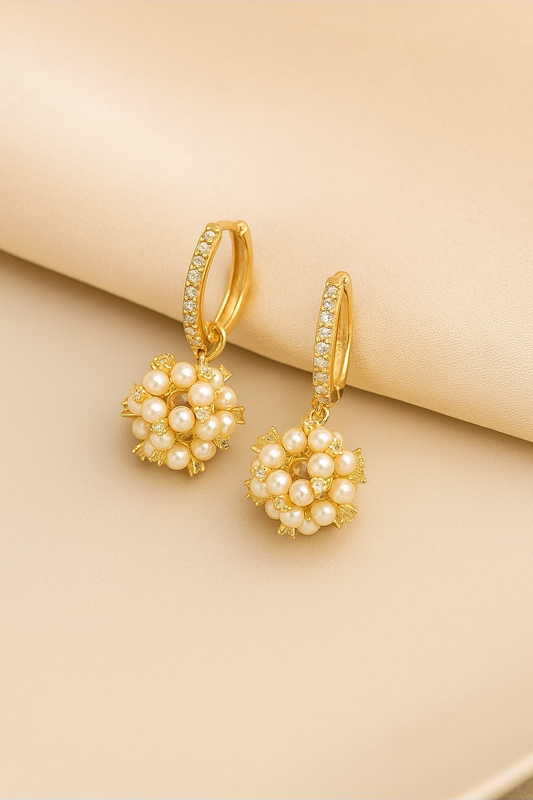 1 Pair of Golden-Tone Hoop Earrings with Shimmering Faux Freshwater Pearl Cluster