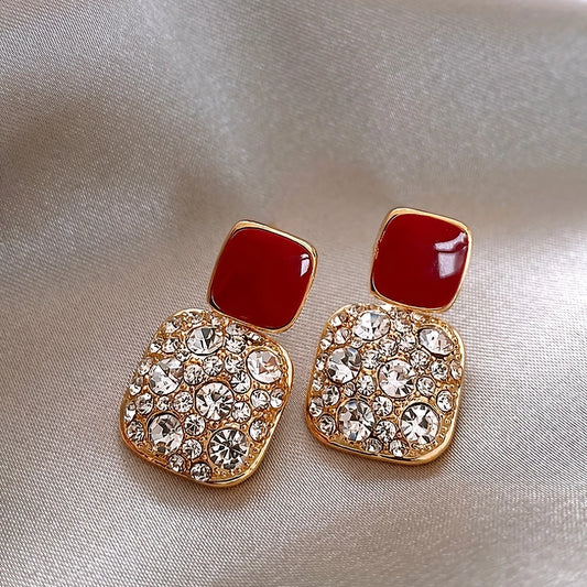 Square Shape Shiny Rhinestone Decor Dangle Earrings
