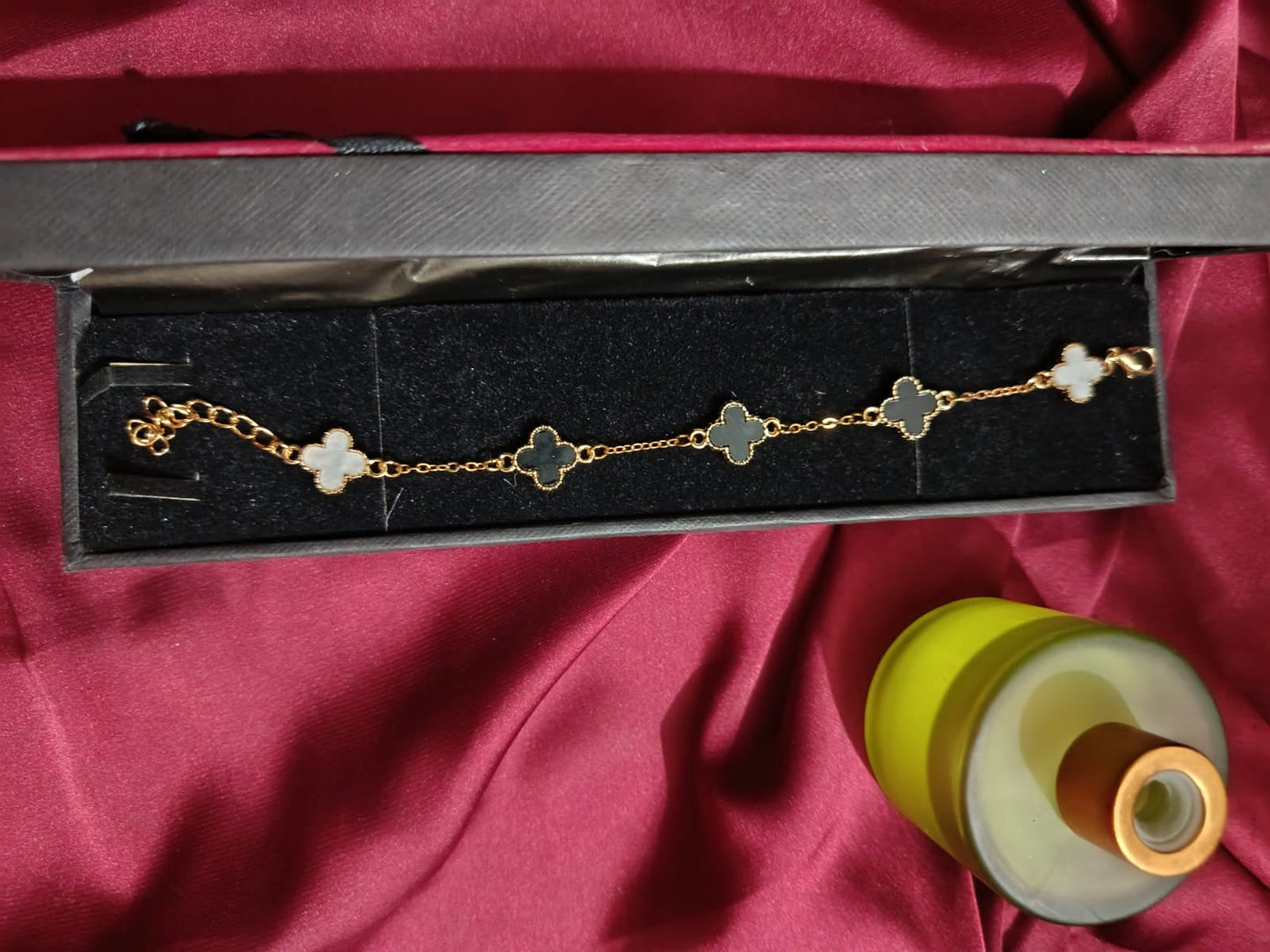 Four-Leaf Clover Enamel Charm Black & White Bracelet