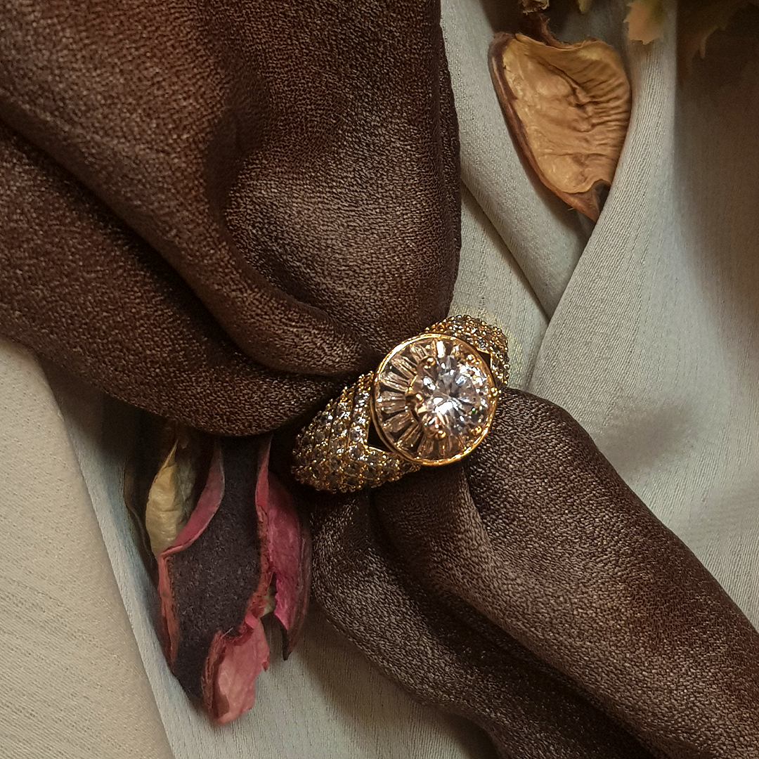 Sleek Shine Round-Shaped Golden Zirconia Ring – Micro-Paved Brilliance in Every Detail