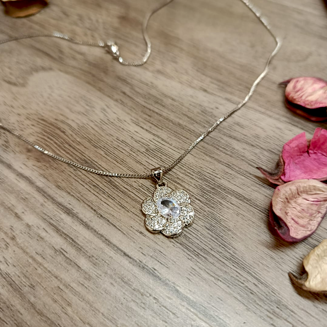 Sterling Silvery Flower Pendant with Shiny Synthetic Zirconia