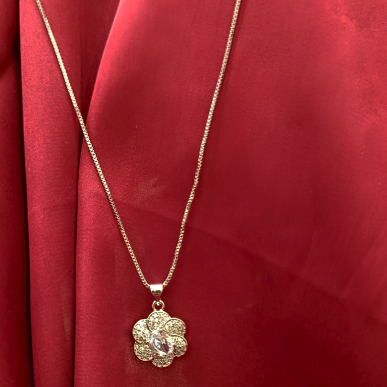 Sterling Silvery Flower Pendant with Shiny Synthetic Zirconia