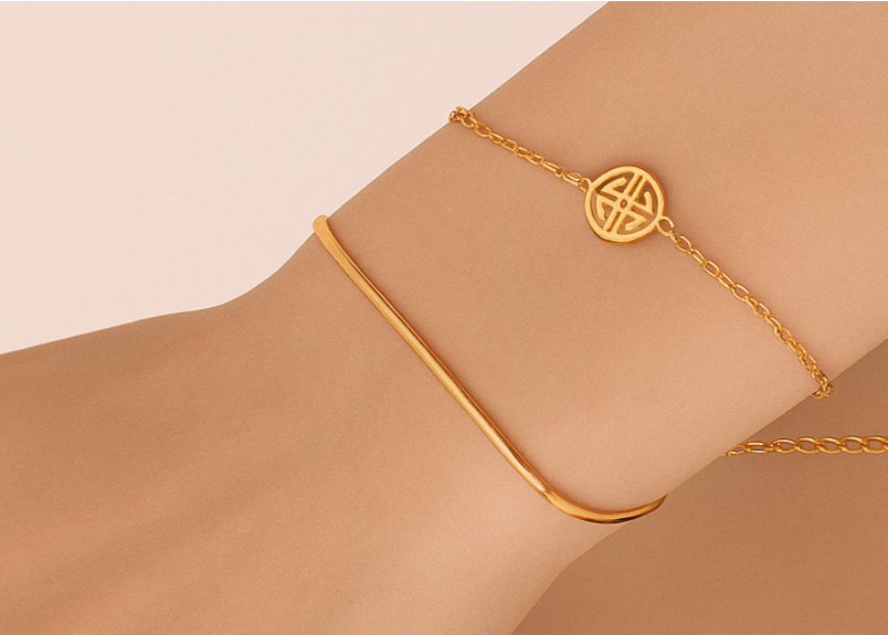 Stainless Steel Luxury Double-Sided Fu Character Bracelet – Elegant Chinese Style