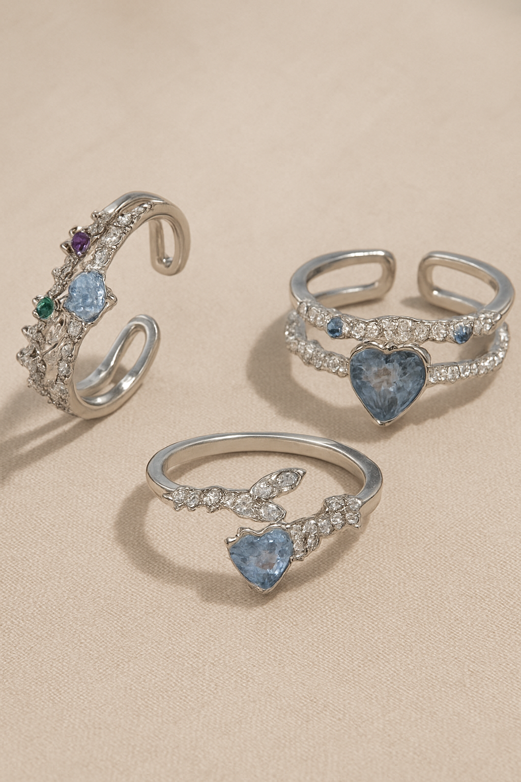 3pcs Y2K Floral Heart Rhinestone Rings Set