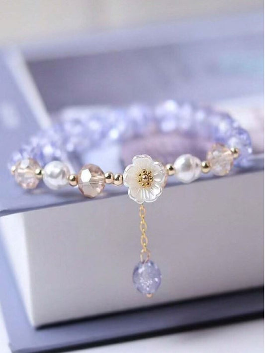 Korean White Flower Purple Beaded Bracelet – Elegant & Adjustable Charm