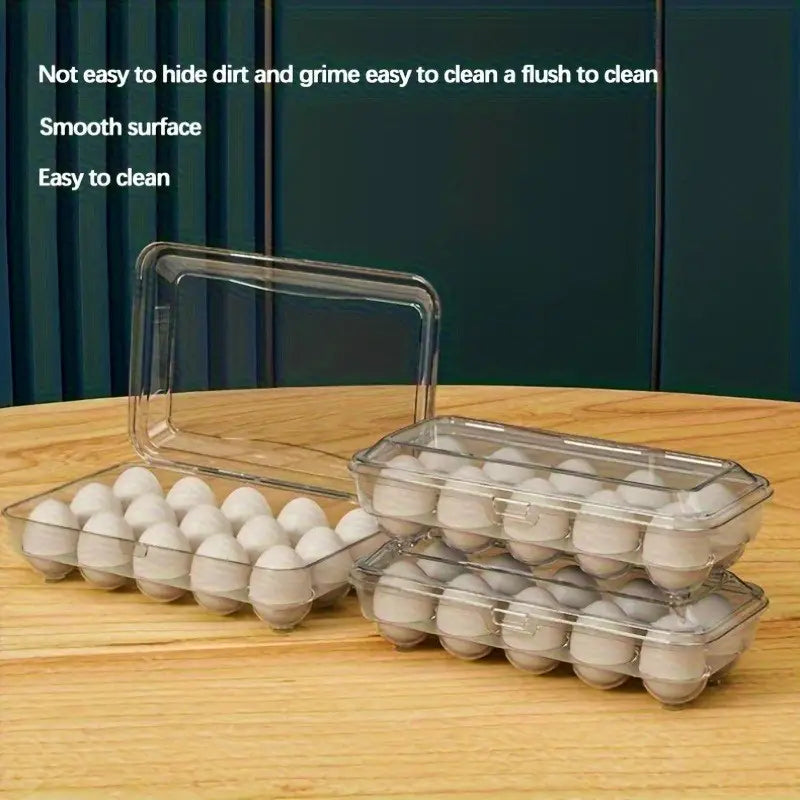 Clear Plastic Egg Holder with Gray Latch – 15-Compartment Stackable Fridge Storage Box