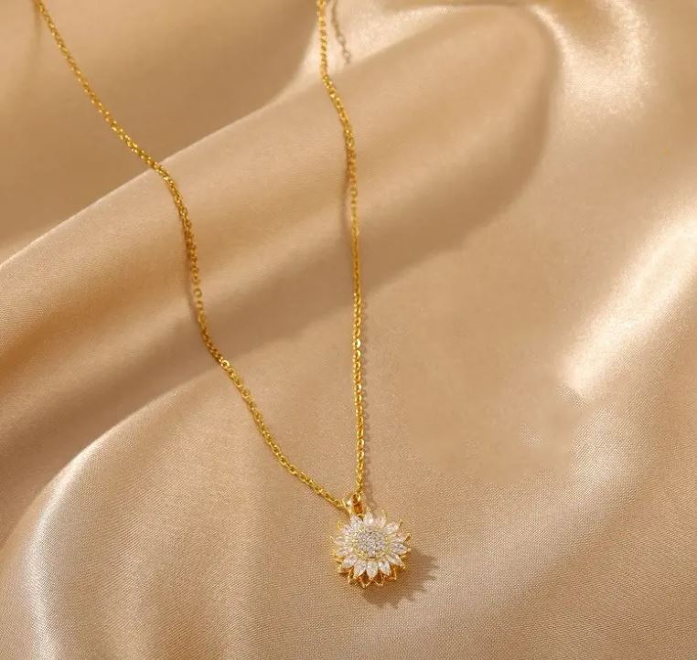 Stainless Steel Sunflower Pendant Necklace with Synthetic Zirconia