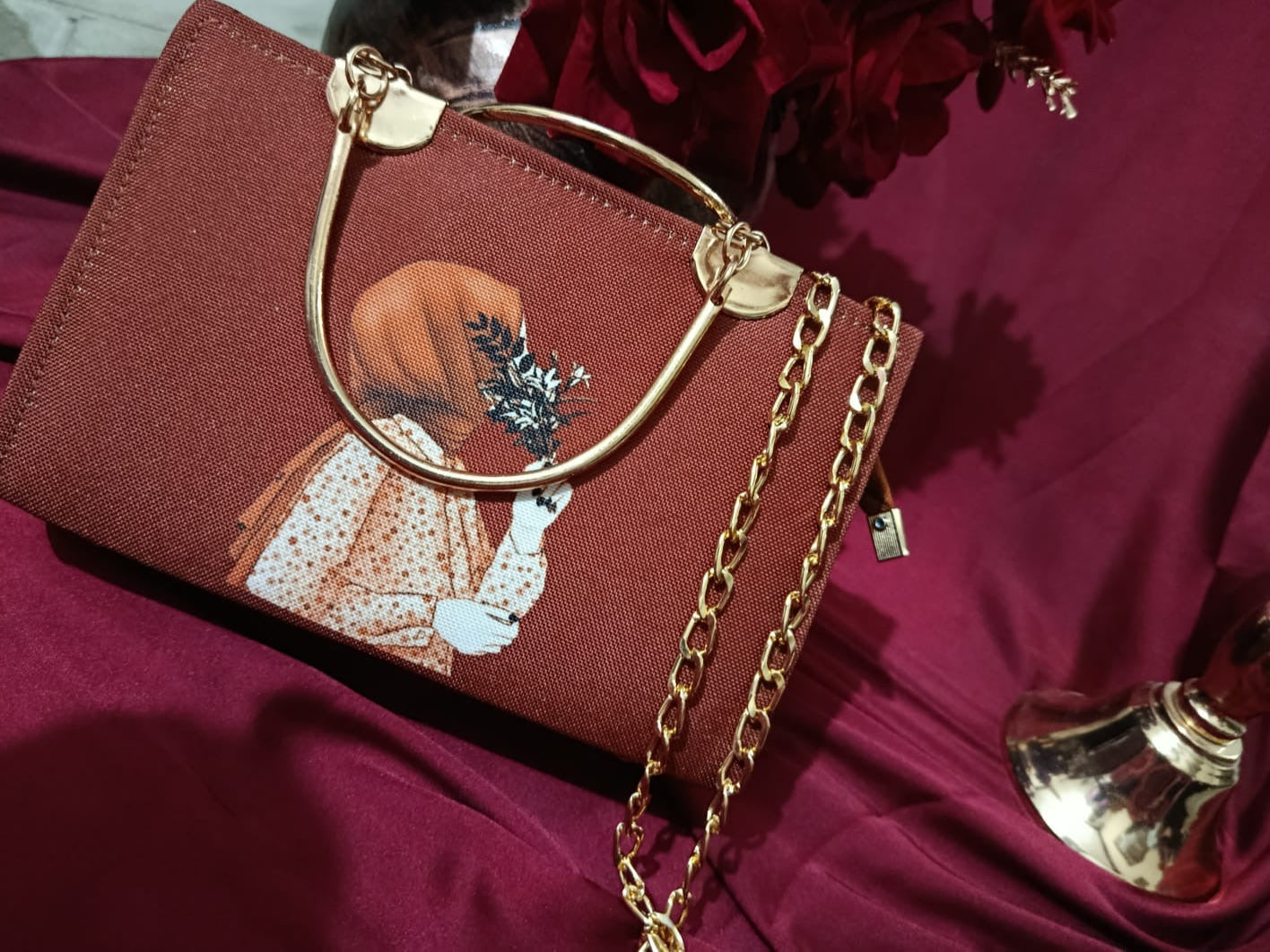 Square Woman Art Handbag with Golden Metal Accents