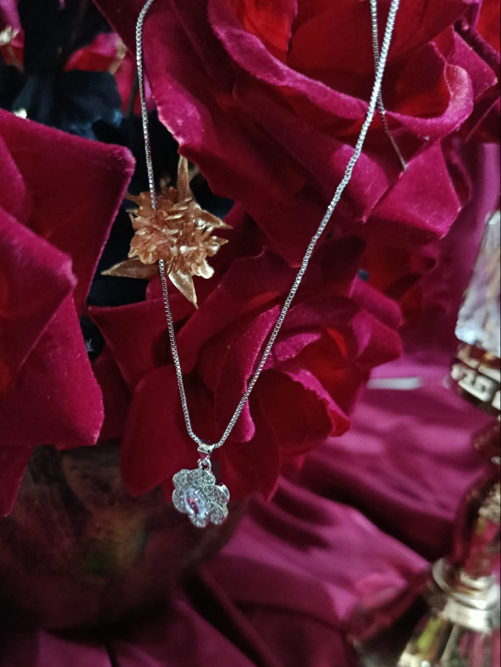 Sterling Silvery Flower Pendant with Shiny Synthetic Zirconia