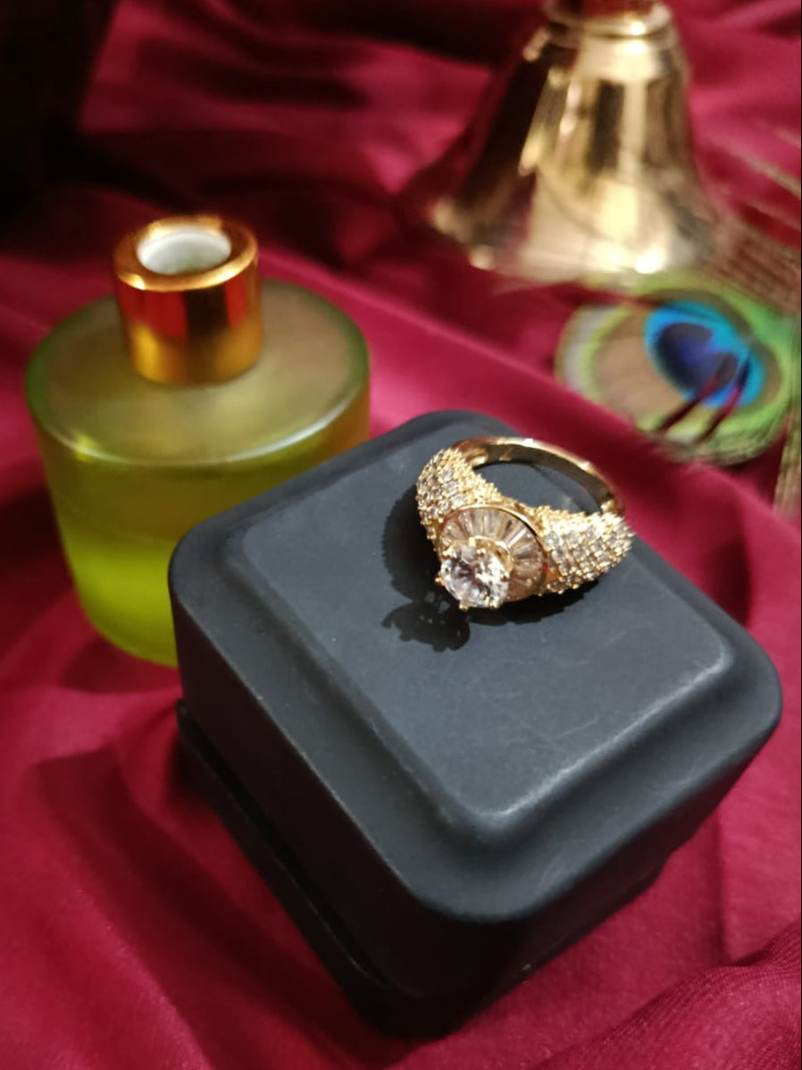 Sleek Shine Round-Shaped Golden Zirconia Ring – Micro-Paved Brilliance in Every Detail