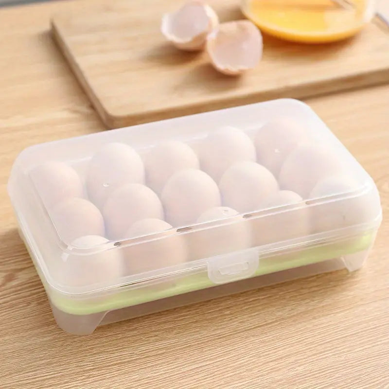 Clear Plastic Egg Holder with Gray Latch – 15-Compartment Stackable Fridge Storage Box