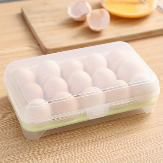 Clear Plastic Egg Holder with Gray Latch – 15-Compartment Stackable Fridge Storage Box