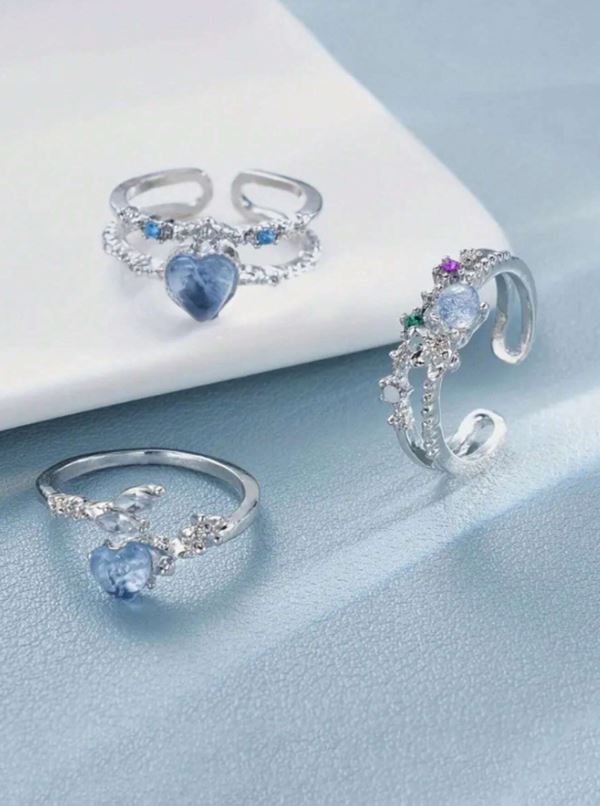3pcs Y2K Floral Heart Rhinestone Rings Set