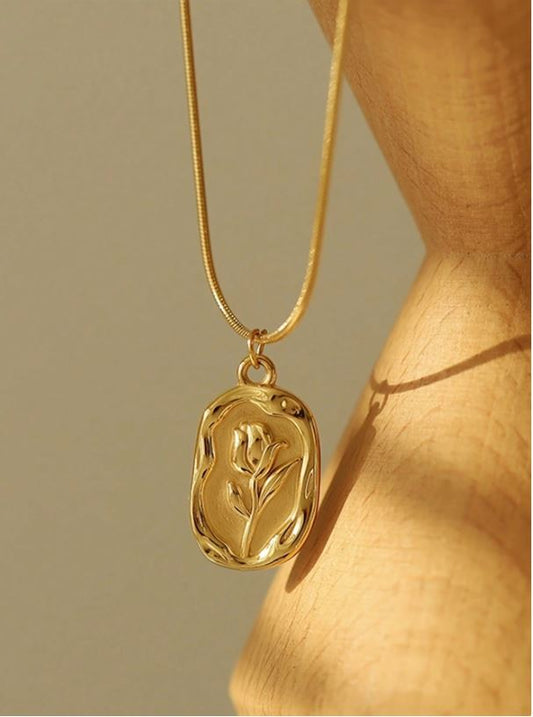 18K Gold Plated Stainless Steel Rose Flower Pendant Necklace