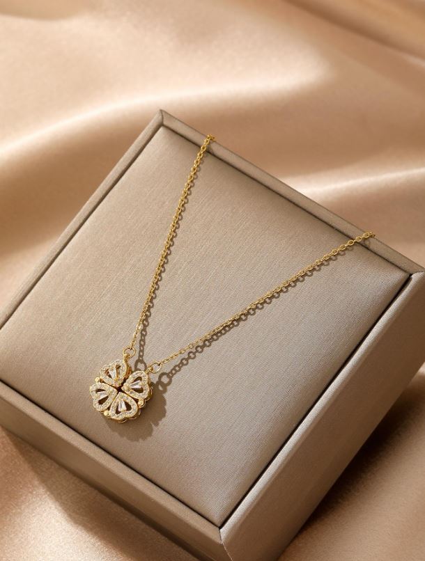Trendy Golden-Plated Stainless Steel Clover Necklace – Sparkling Cubic Design