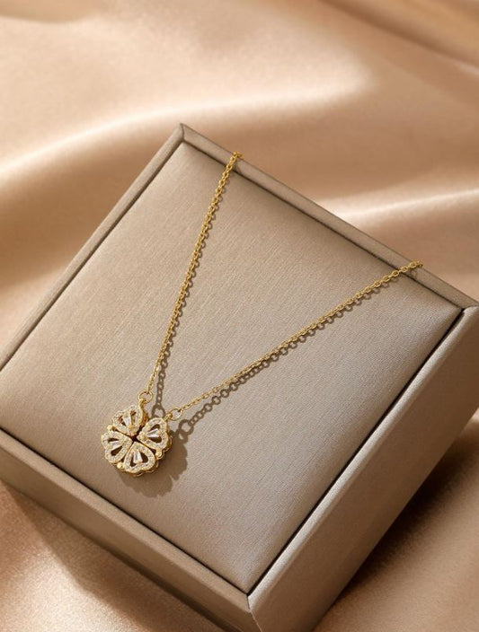 Trendy Golden-Plated Stainless Steel Clover Necklace – Sparkling Cubic Design