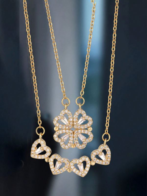 Trendy Golden-Plated Stainless Steel Clover Necklace – Sparkling Cubic Design