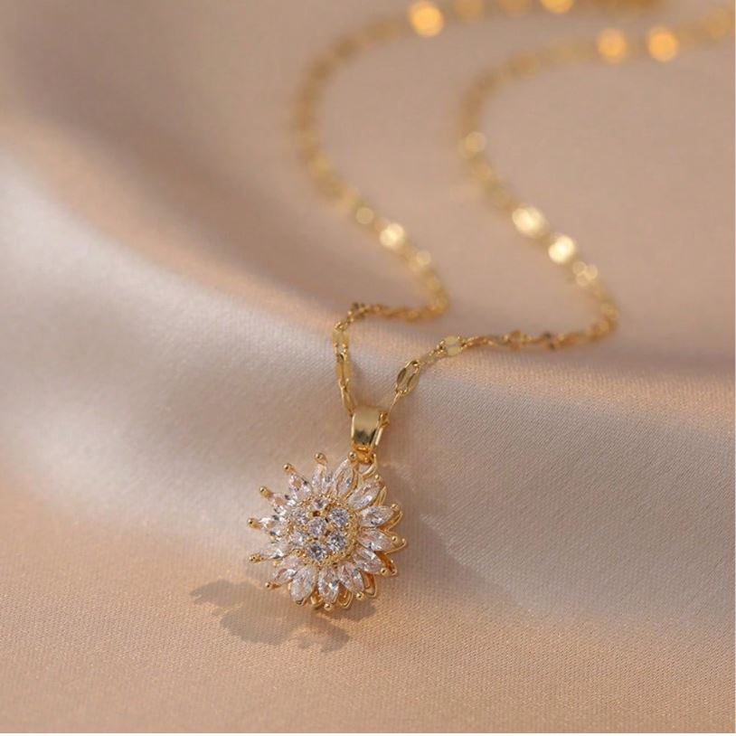 Stainless Steel Sunflower Pendant Necklace with Synthetic Zirconia