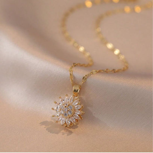 Stainless Steel Sunflower Pendant Necklace with Synthetic Zirconia