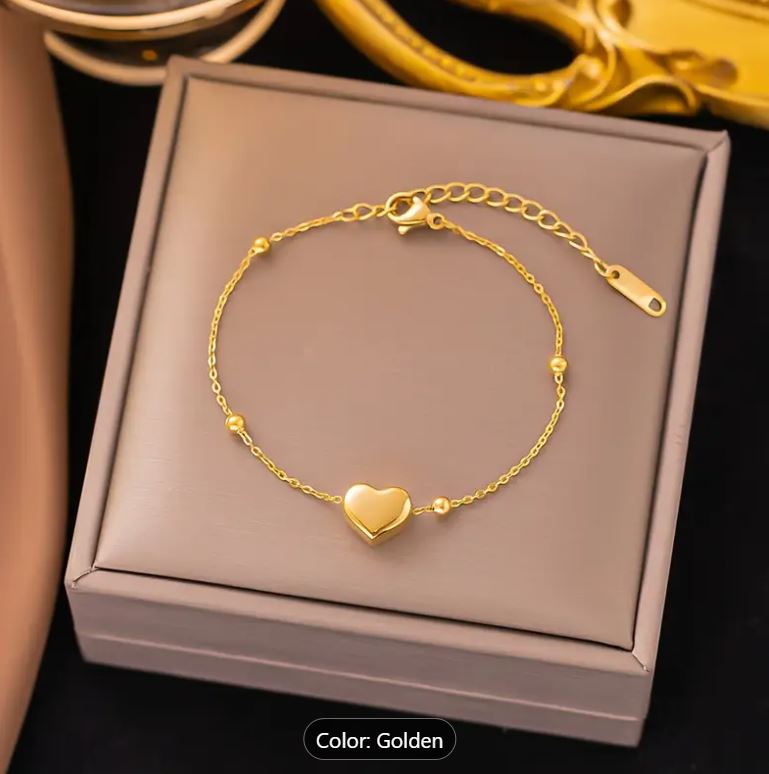 Elegant Golden-Tone Stainless Steel Heart Charm Bracelet