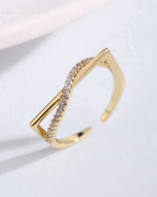 Unique Modern Copper 18K Gold Plated Geometric Square Ring with Zirconia Stones – Open Band Design