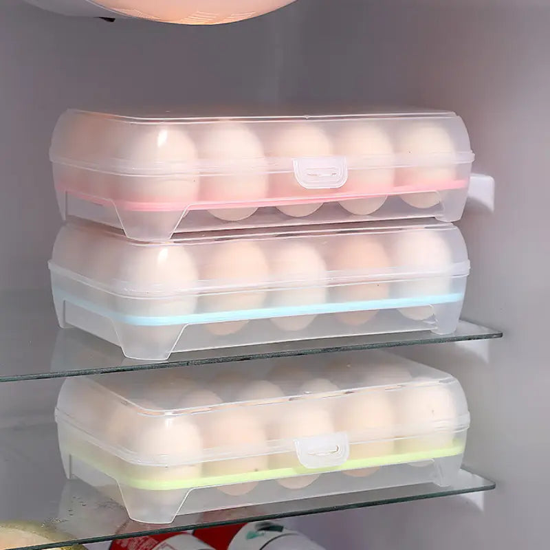 Clear Plastic Egg Holder with Gray Latch – 15-Compartment Stackable Fridge Storage Box