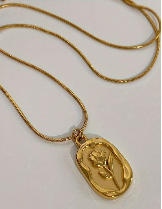 18K Gold Plated Stainless Steel Rose Flower Pendant Necklace