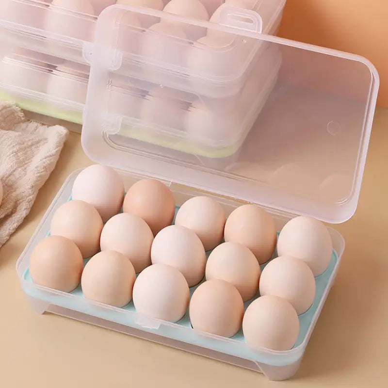 Clear Plastic Egg Holder with Gray Latch – 15-Compartment Stackable Fridge Storage Box